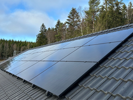 solar panels on a roof with forest behind the house