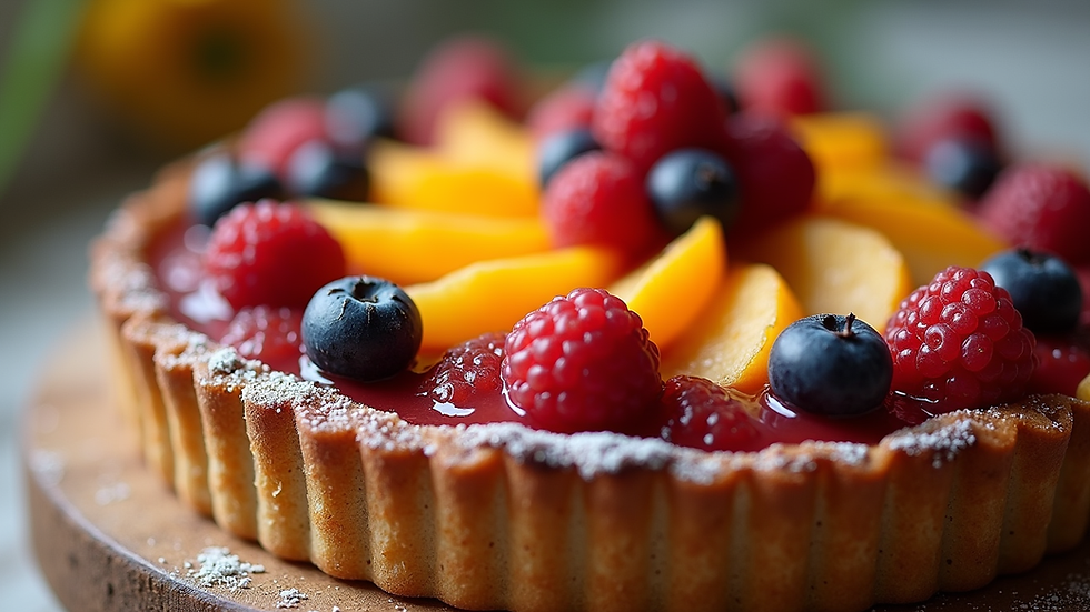 Close-up view of a beautifully arranged fruit tart with vibrant seasonal fruits