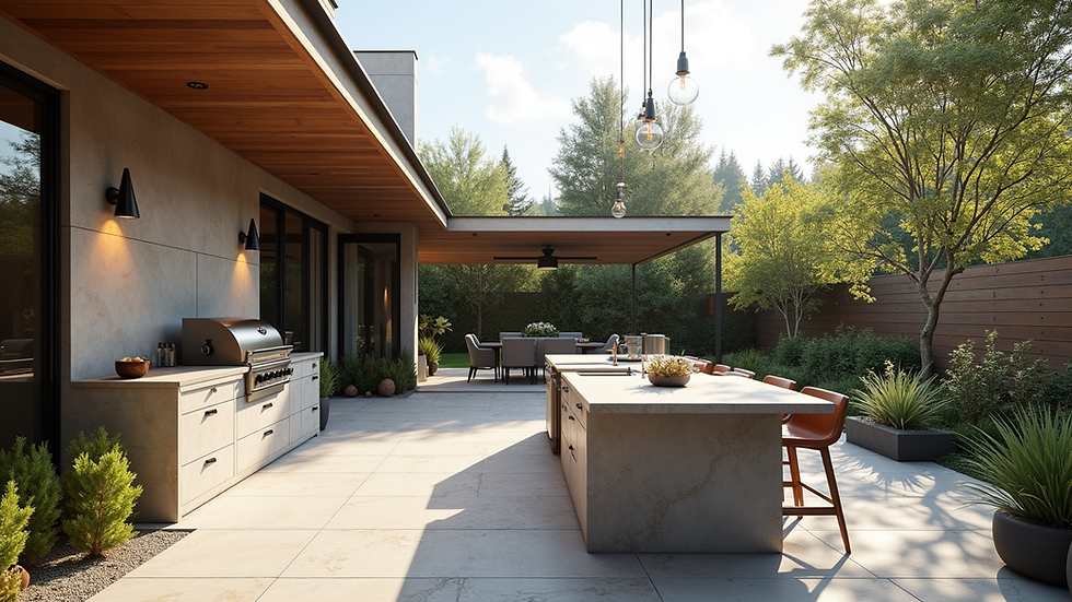 Wide angle view of a custom outdoor kitchen and patio area