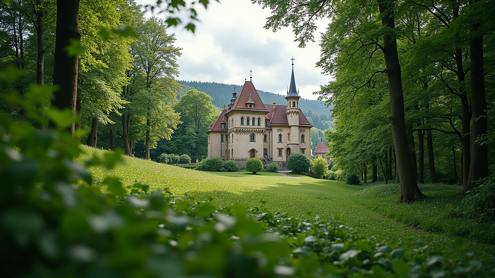 Wide angle view of Castle Chrysalix surrounded by lush greenery