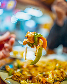 Hot noodles with roasted veggies.