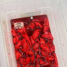 Low immersion tie dye process with a pink and brown shirt in a plastic bin being dyed.
