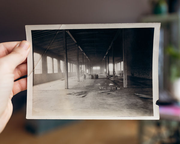 Interior view of the Elkhart Rubber works company with construction materials on the floor, newly constructed.