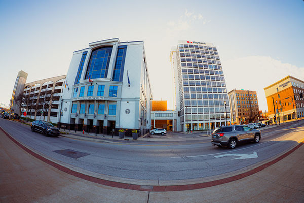 downtown Elkhart buildings and street scene photographed with Canon fisheye lens corrected perspective and wide field of view
