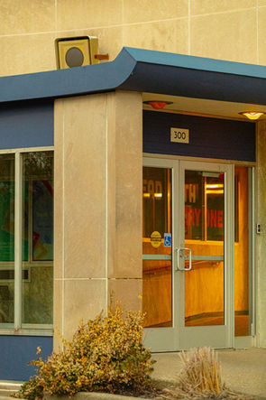 Entrance doors of the Elkhart Public Library downtown branch at 300 S 2nd Street in Elkhart, Indiana.