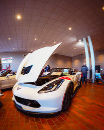 Vintage vehicle on display in the large venue space of the century center, in south bend, indiana.