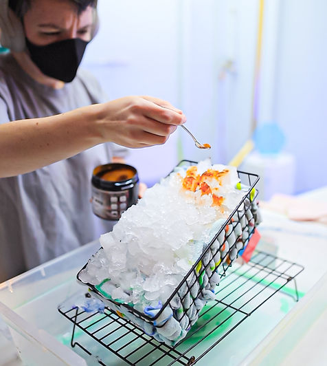 Corky is using a metal spoon to sprinkle powdered Procion dye over the top of ice that is on a cotton T-shirt for ice 