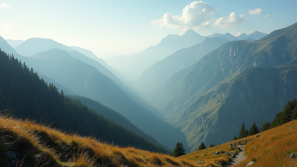Wide angle view of serene mountain landscape