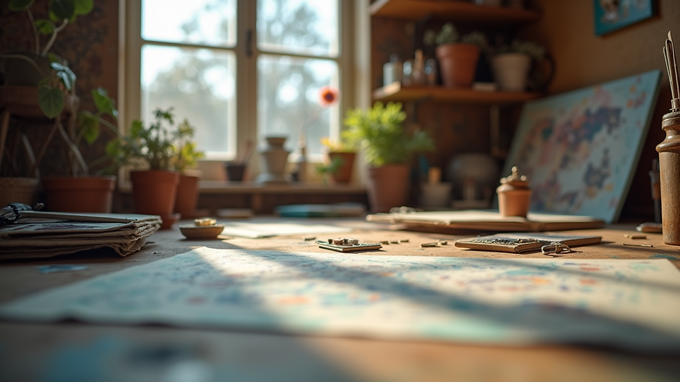 Eye-level view of a cozy workshop space filled with art supplies