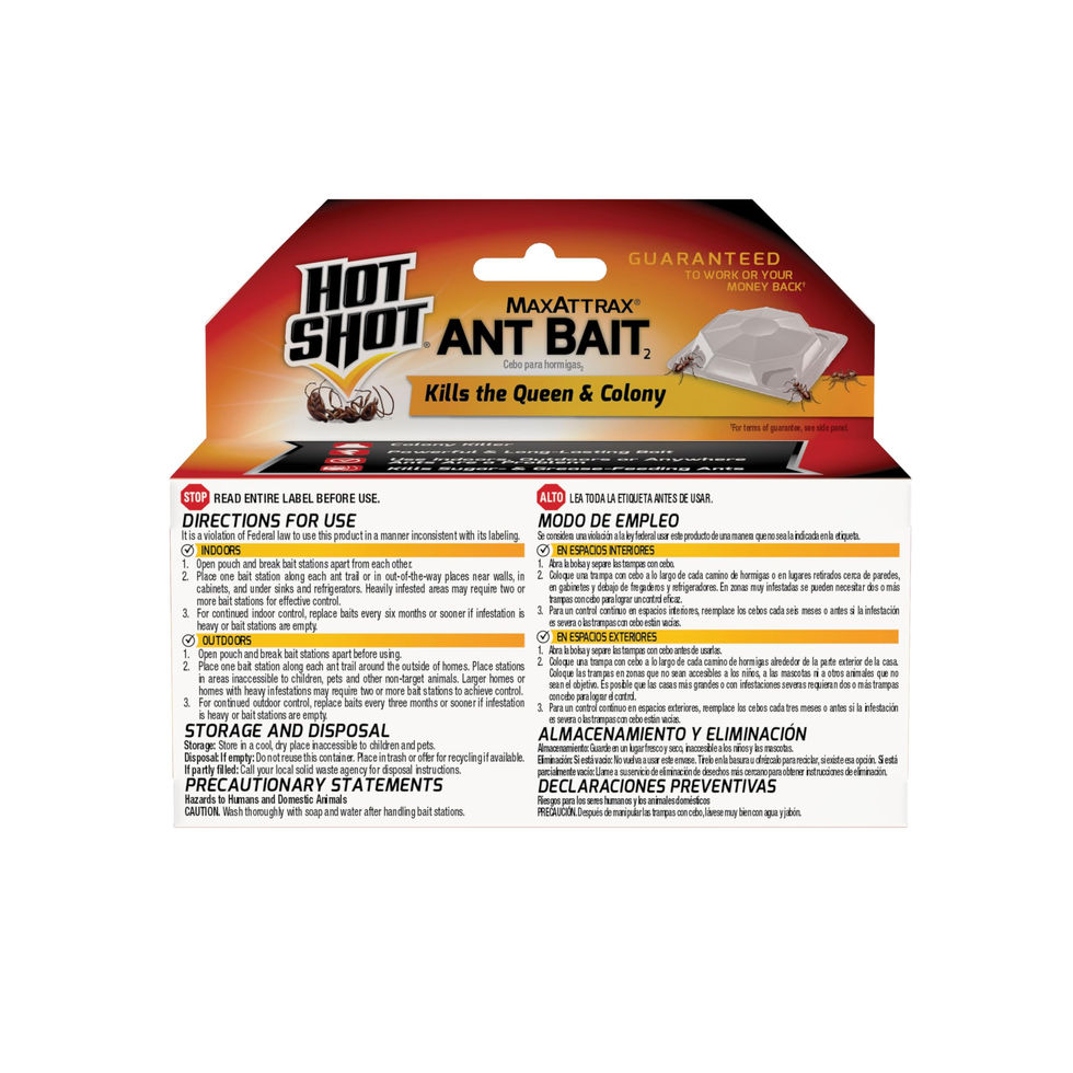 Hot Shot MaxAttrax Ant Bait works on common household ants for up to 6 months