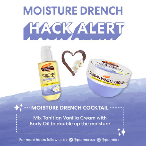 Palmer's moisture drench formula information highlighting cocoa butter and vitamin E benefits