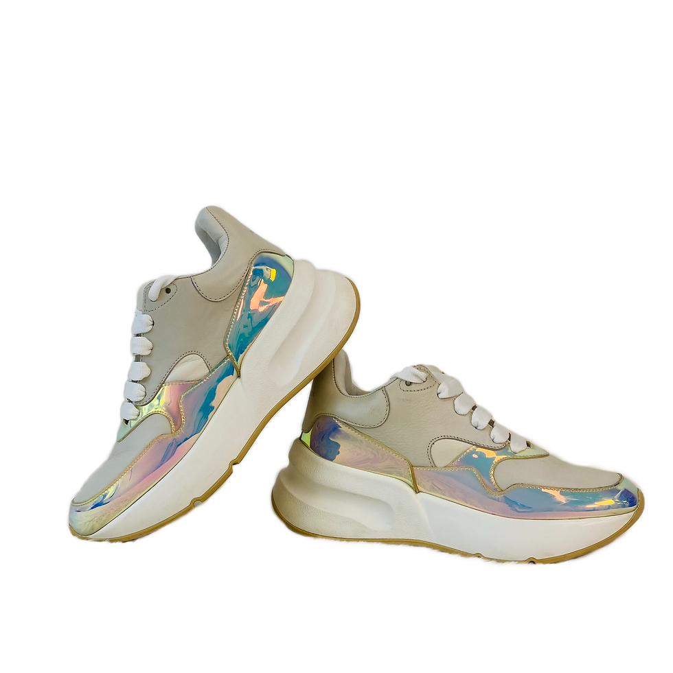 Alexander McQueen Lace-Up Chunky Leather Platform Sneakers with Iridescent Trims
