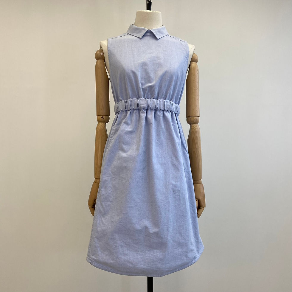 Thumbnail: Carven Blue Chambray Collared Cinch Waist Sleeveless Dress