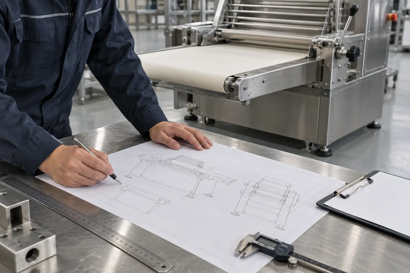 Hands reviewing a machine drawing beside stainless steel bakery equipment