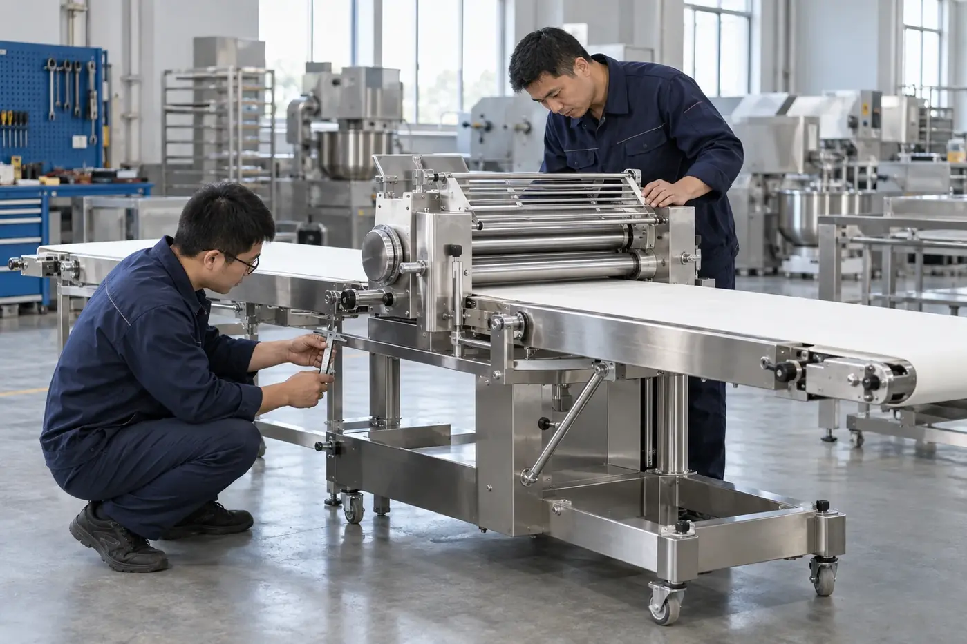 Engineers measuring and reviewing a commercial dough sheeter platform