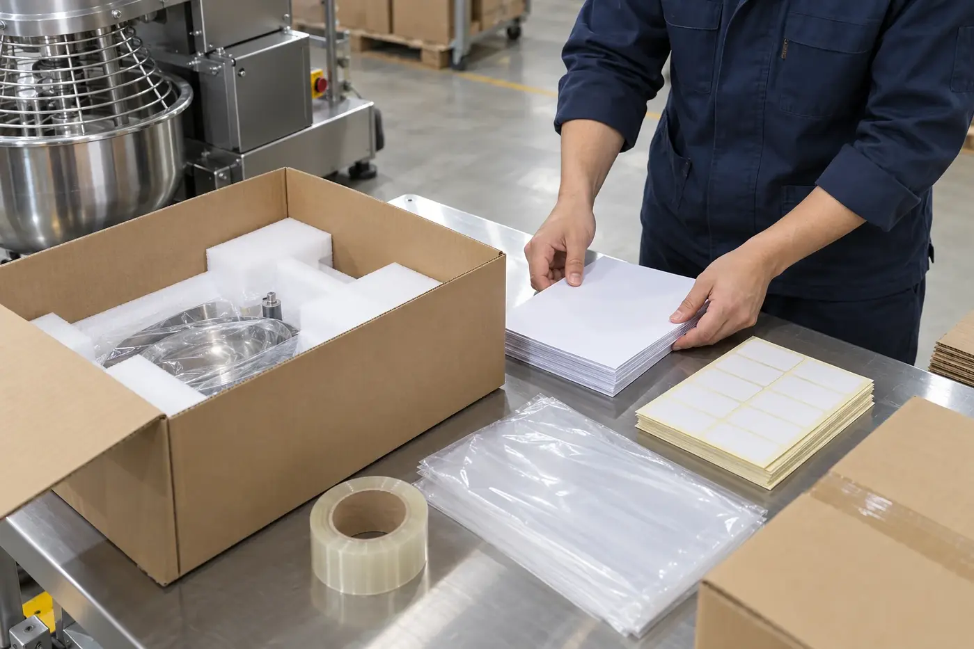Hands arranging blank manuals and label sheets beside protective equipment packaging