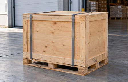Representative reinforced export crate at a dispatch bay