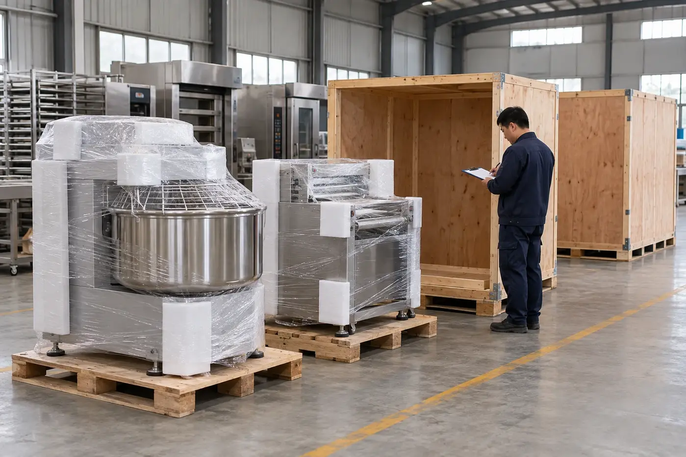 Warehouse specialist checking wrapped bakery machinery and export crates on pallets