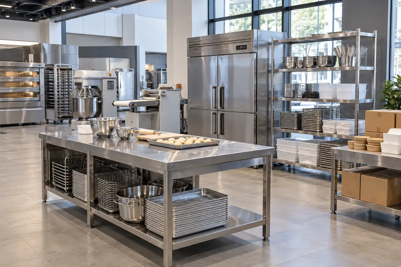 Commercial preparation equipment, refrigeration, shelving, trays and plain packaging supplies