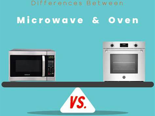 Microwave and oven balanced on a seesaw against a teal background. Text reads "Differences Between Microwave & Oven" with "VS." below.
