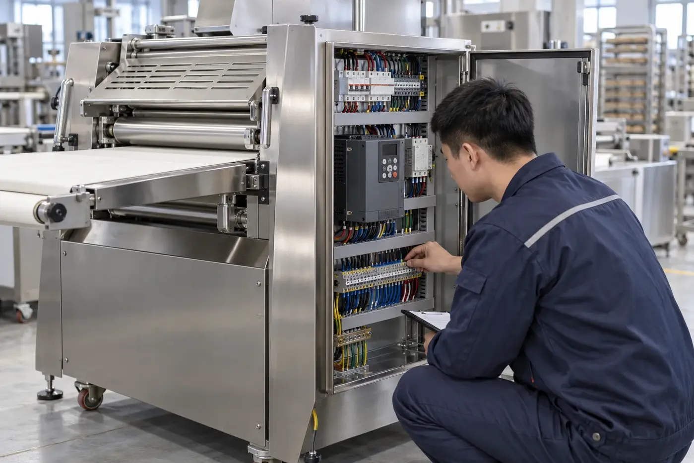 Technician checking wiring and components in an open bakery machine control cabinet