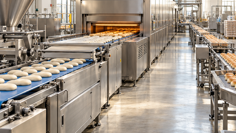 Commercial bakery production line with dough conveyors and a tunnel oven