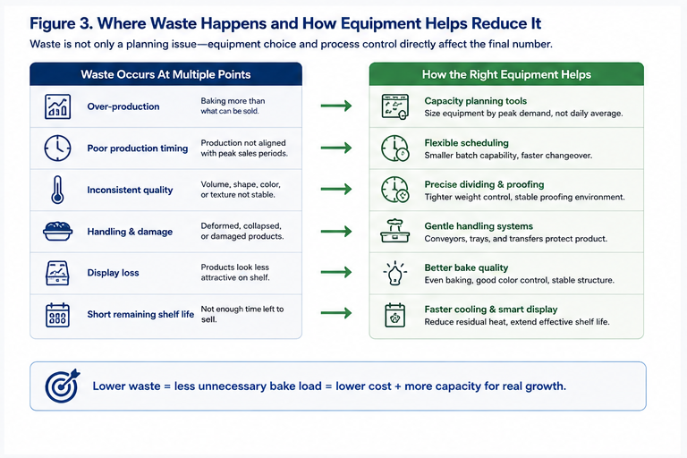 Supermarket bakery waste-control diagram showing overproduction, timing, consistency, handling and shelf-life losses