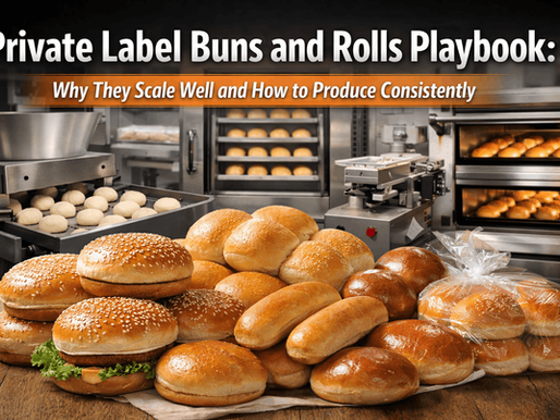 Buns and rolls on a table in a bakery setting. Ovens and machinery in the background. Text: Private Label Buns and Rolls Playbook.