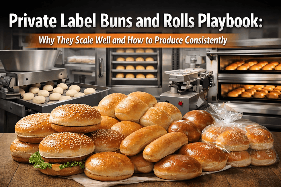 Buns and rolls on a table in a bakery setting. Ovens and machinery in the background. Text: Private Label Buns and Rolls Playbook.