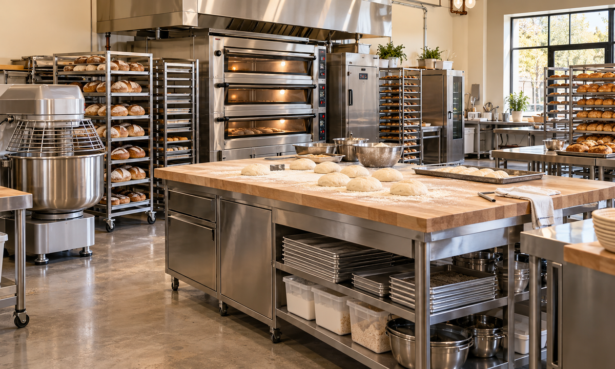 Commercial bakery workspace with mixing and baking equipment
