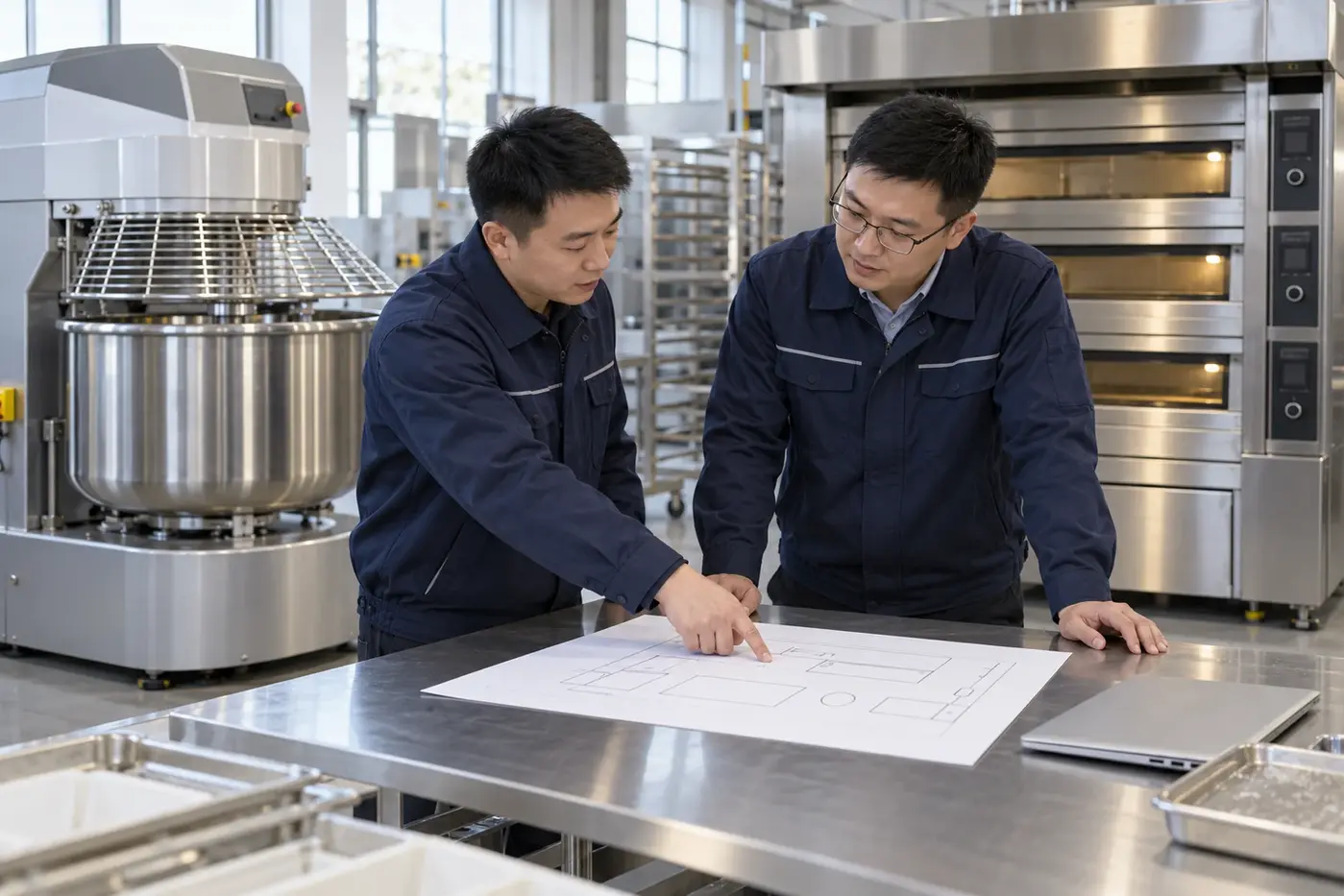 Equipment specialists reviewing a production plan beside a mixer and bakery oven