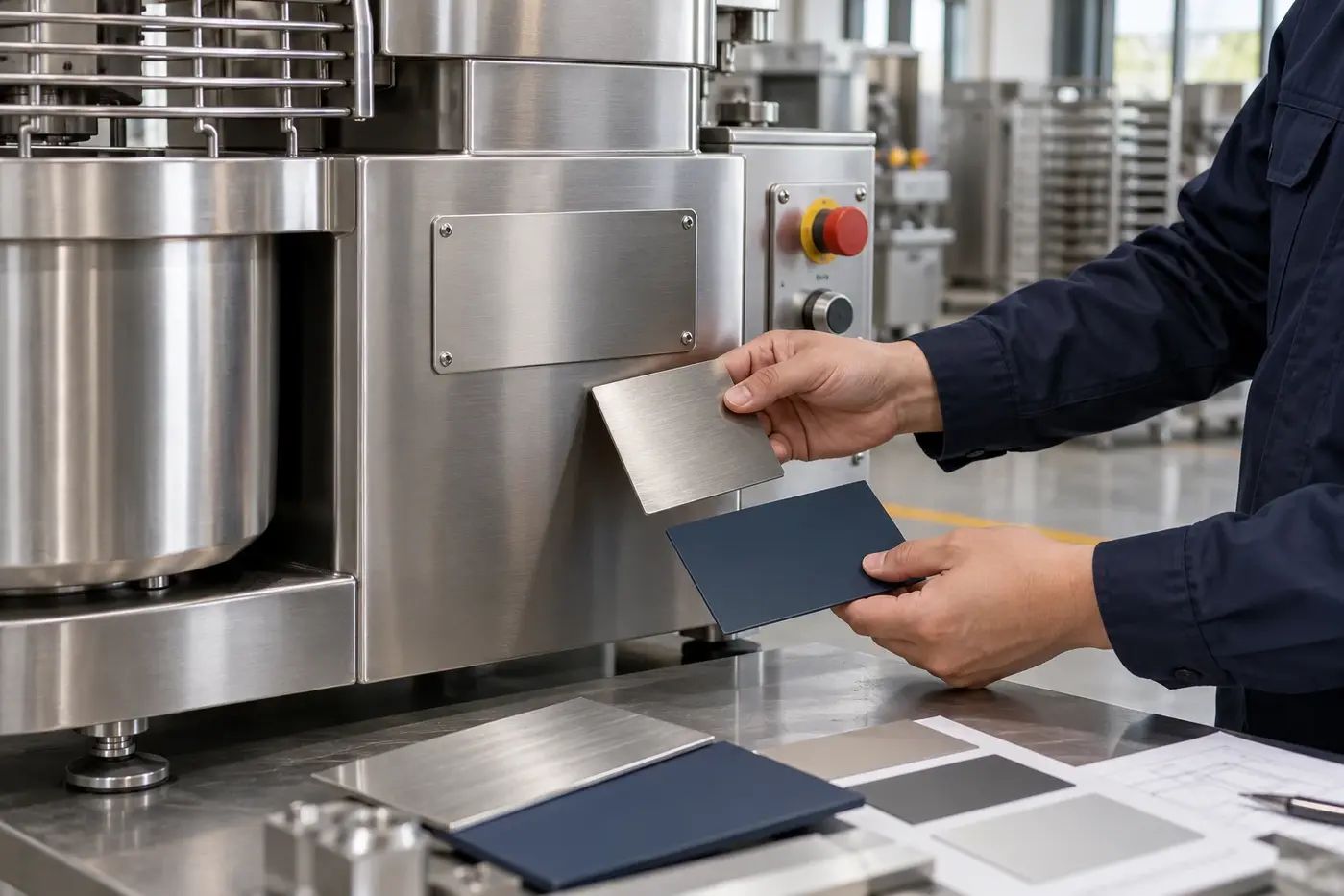 Unmarked nameplate area and metal finish samples on a bakery machine front panel
