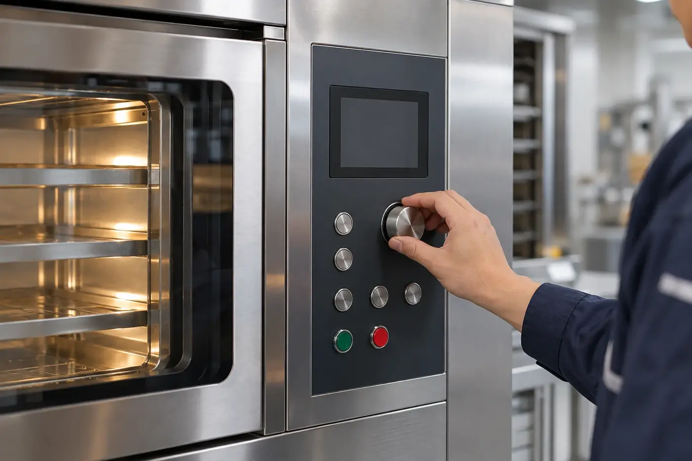 Hand reviewing a bakery oven control panel with a blank display and selector knobs