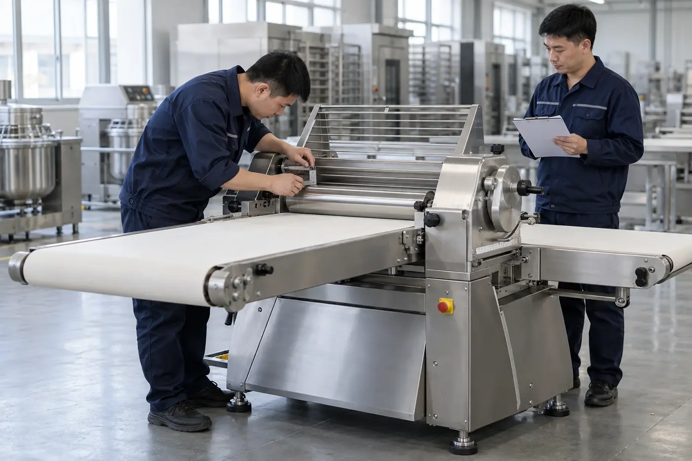 Technicians checking alignment and roller clearance on an assembled dough sheeter
