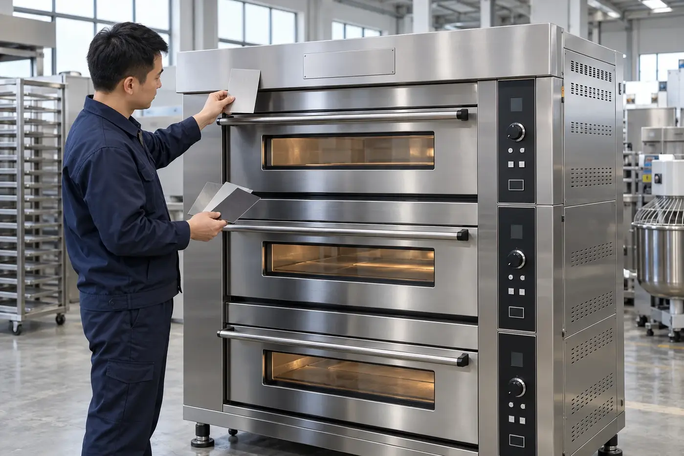 Specialist reviewing finish samples beside a stainless steel bakery oven