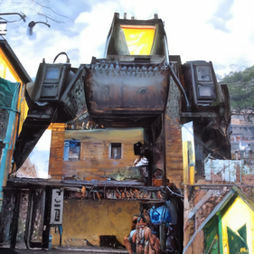 A mecha robot in a favela by Richard Hescox