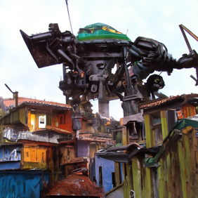 A mecha robot in a favela by Richard Hescox