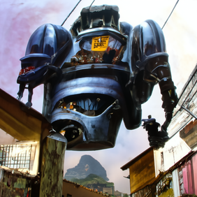 A mecha robot in a favela by Richard Hescox