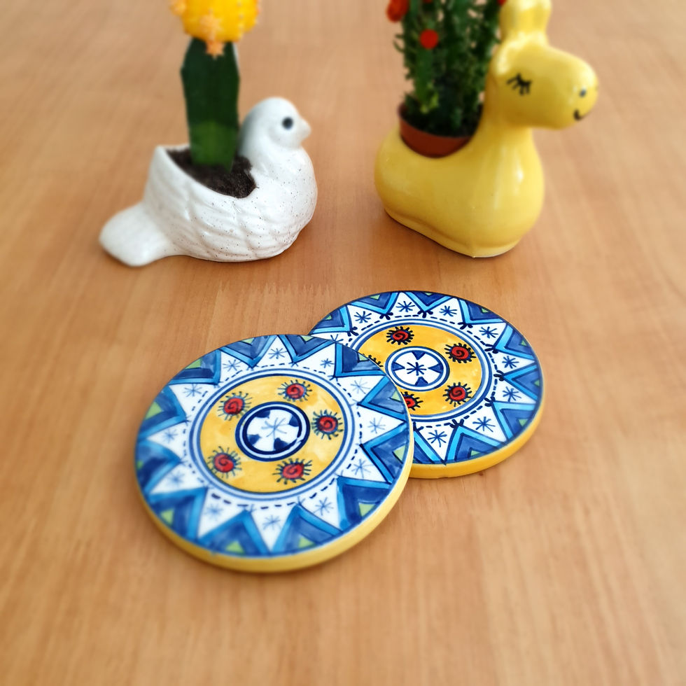 Thumbnail: Bright Sun Boho Hand-painted Indian Ceramic Set of 2 Coasters | Dia 4"