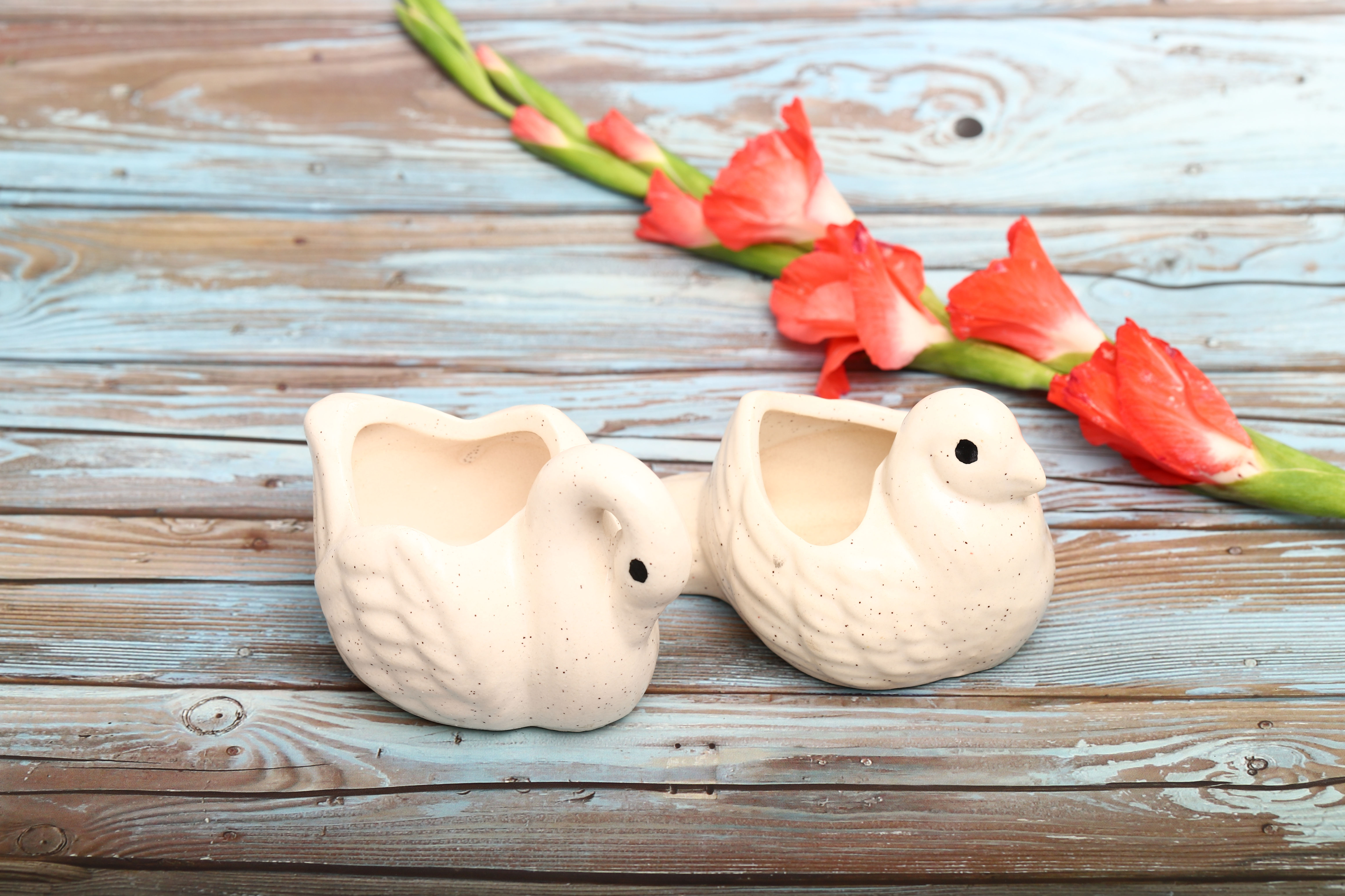 Miniature White Bird Set Swan & Pigeon Planter pot 3" Height