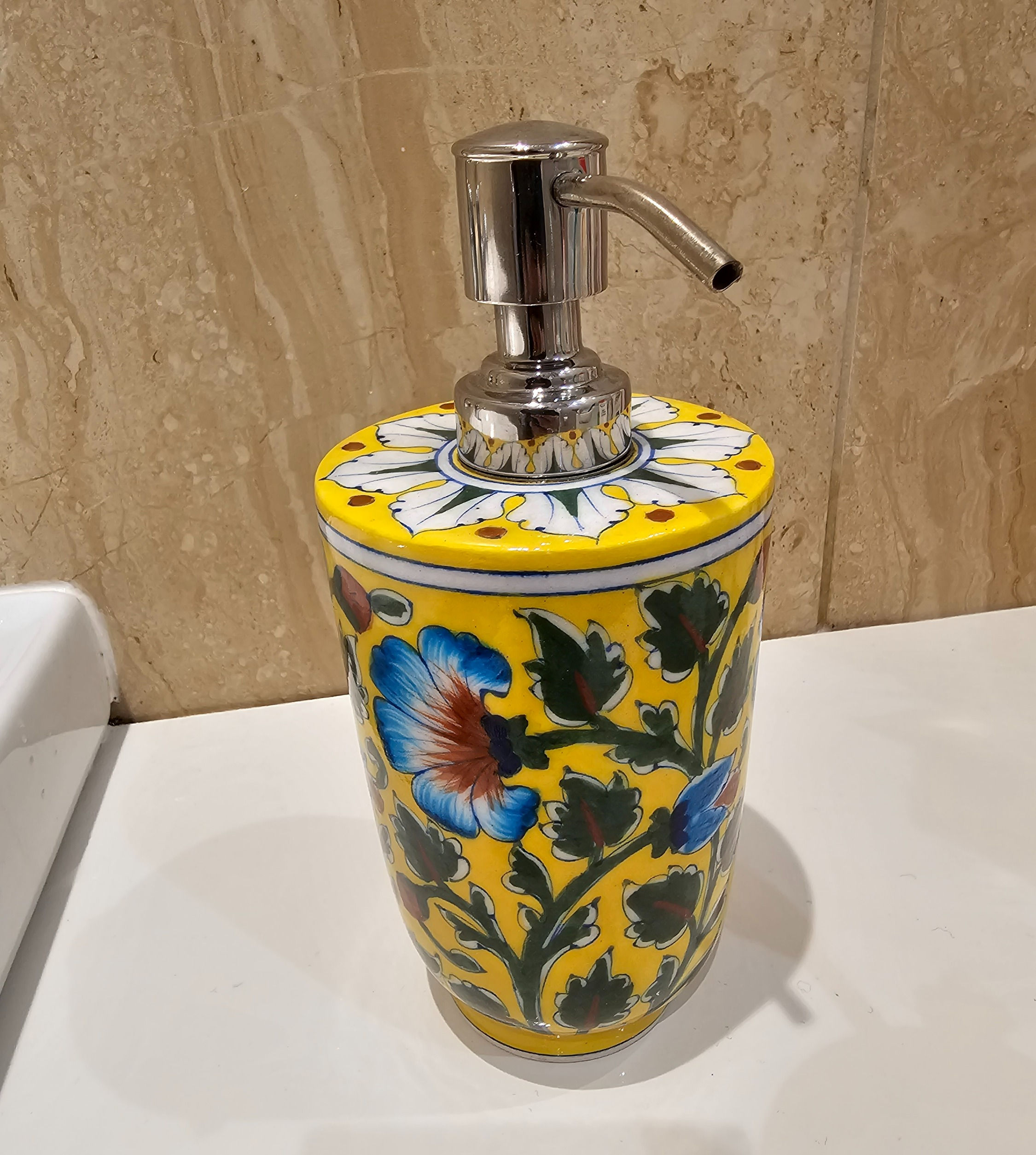 7" Blue Pottery Hand painted floral pattern Handwash dispenser