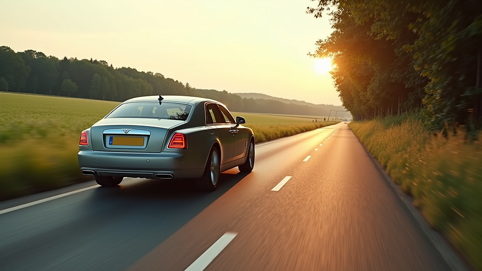 Vue latérale d'une voiture de luxe roulant sur une route de campagne en Centre-Val de Loire