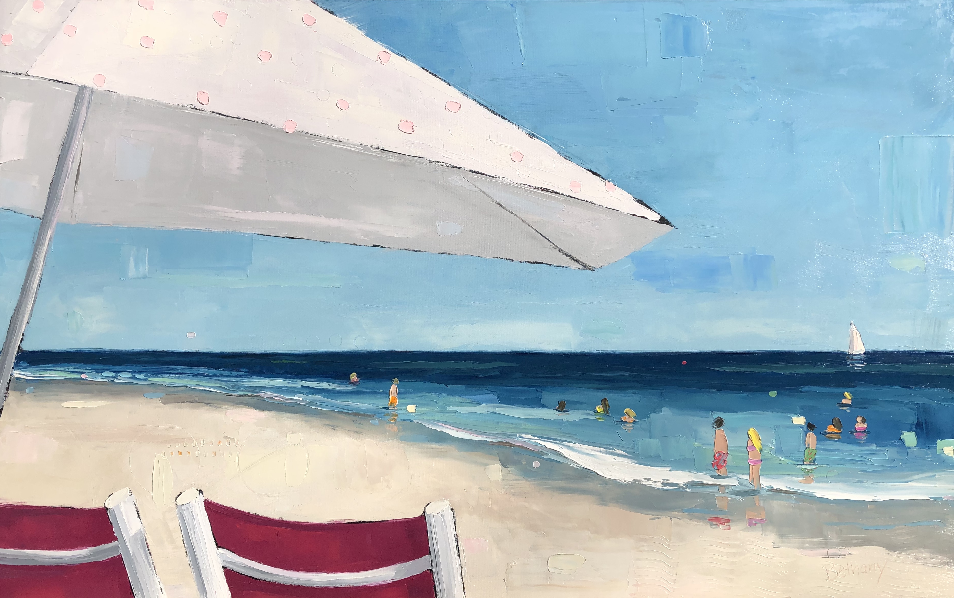 White Umbrella Red Chairs