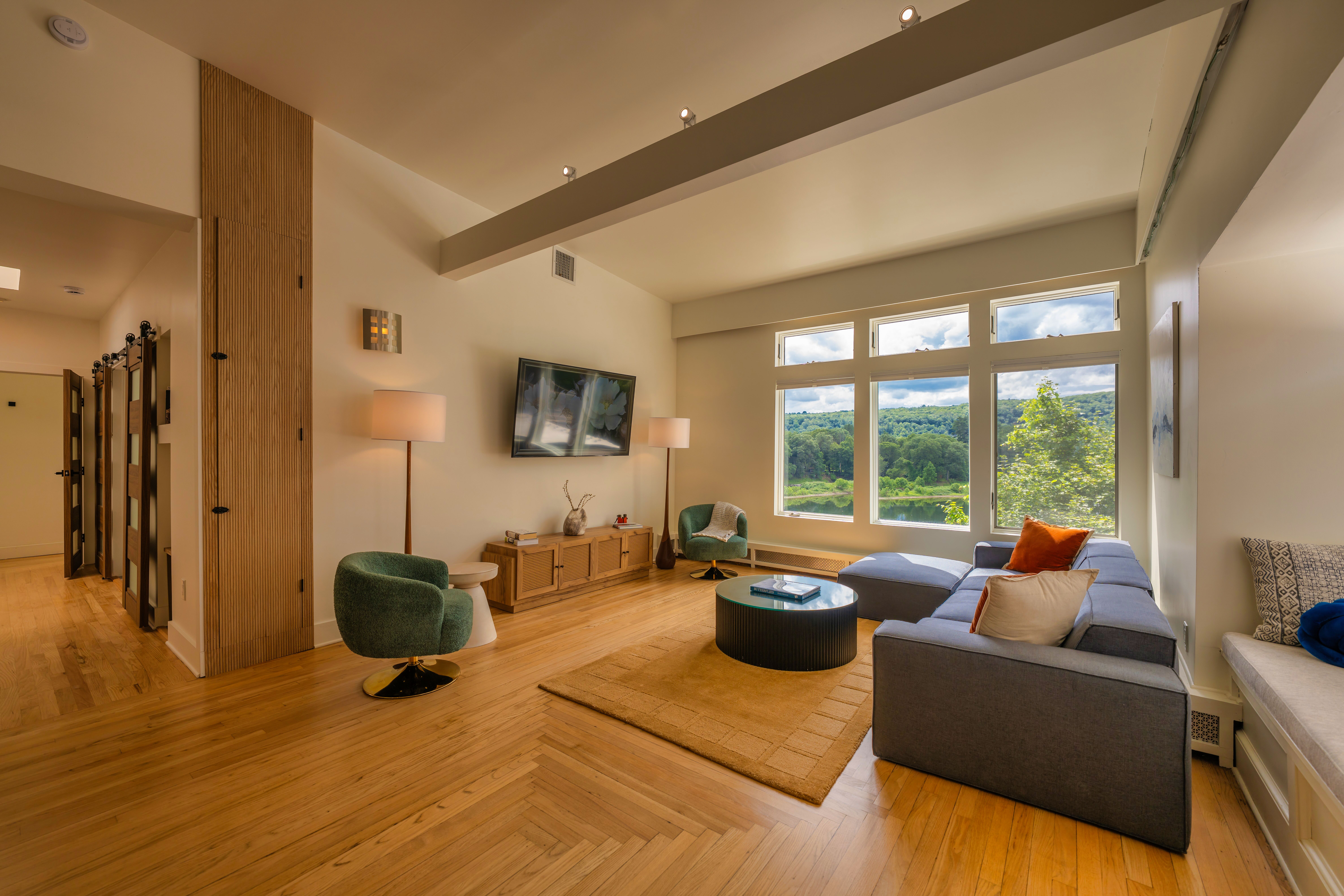 River Penthouse living room with Delaware River views, Narrowsburg NY