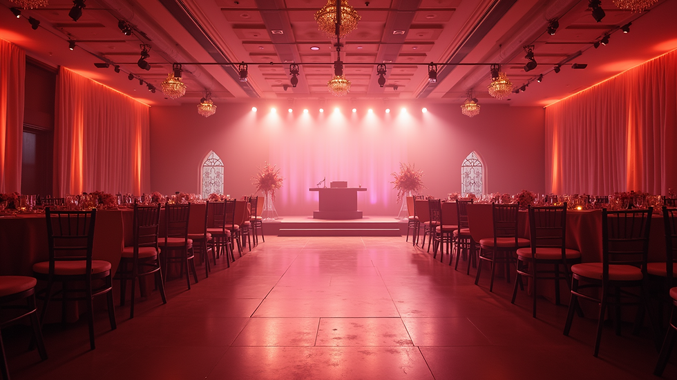Wide angle view of elegant event hall with ambient lighting and DJ booth