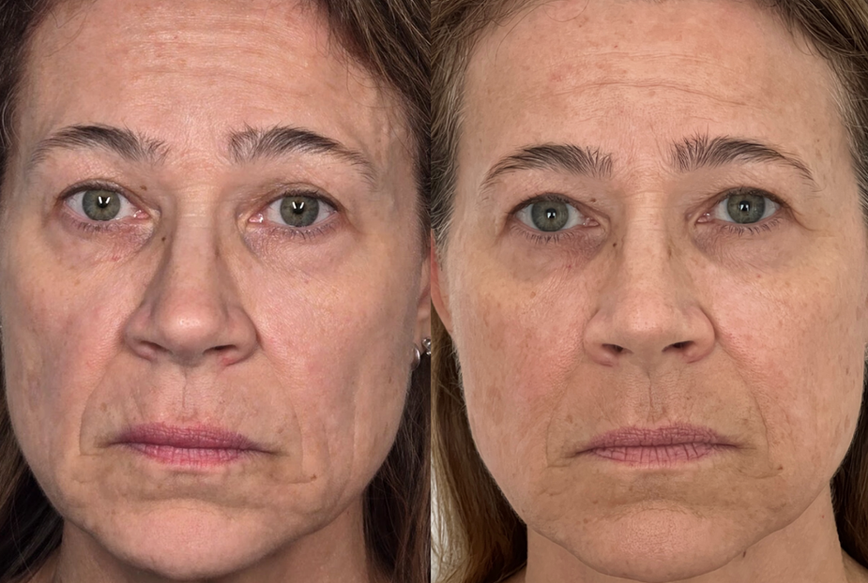 Before and after comparison showing plasma facial results on middle-aged woman with improved facial contour, reduced fine lines, and revitalized skin tone
