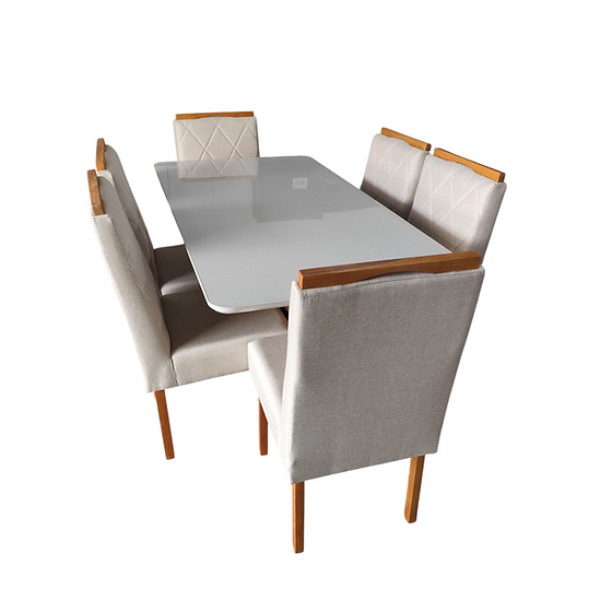 Miniatura: Mesa Robusta com Vidro 6 Cadeiras Estofado Linho