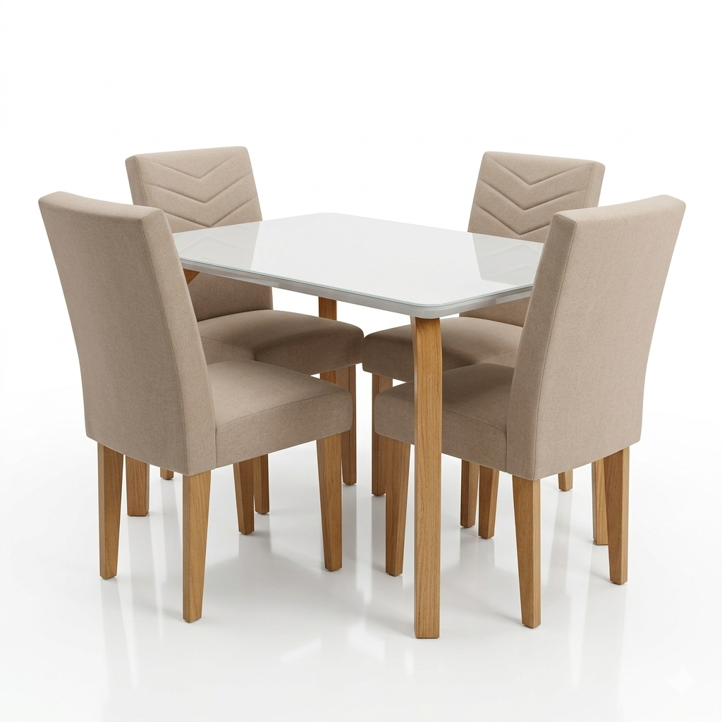 Mesa com Vidro e 4 Cadeiras Tecido Linho