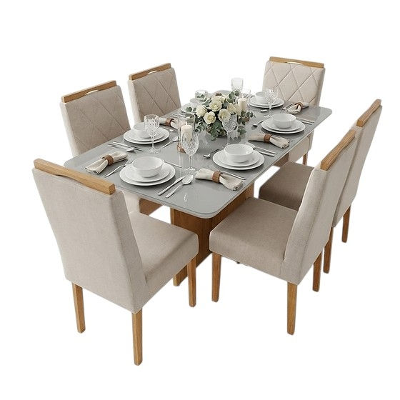 Mesa Robusta com Vidro 6 Cadeiras Estofado Linho