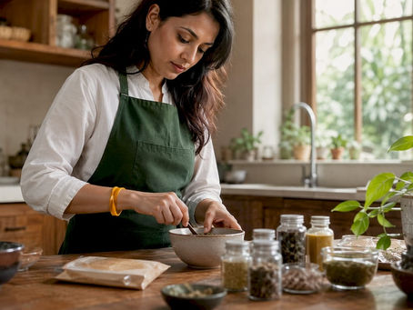 Henna artist preparing safe henna paste at table